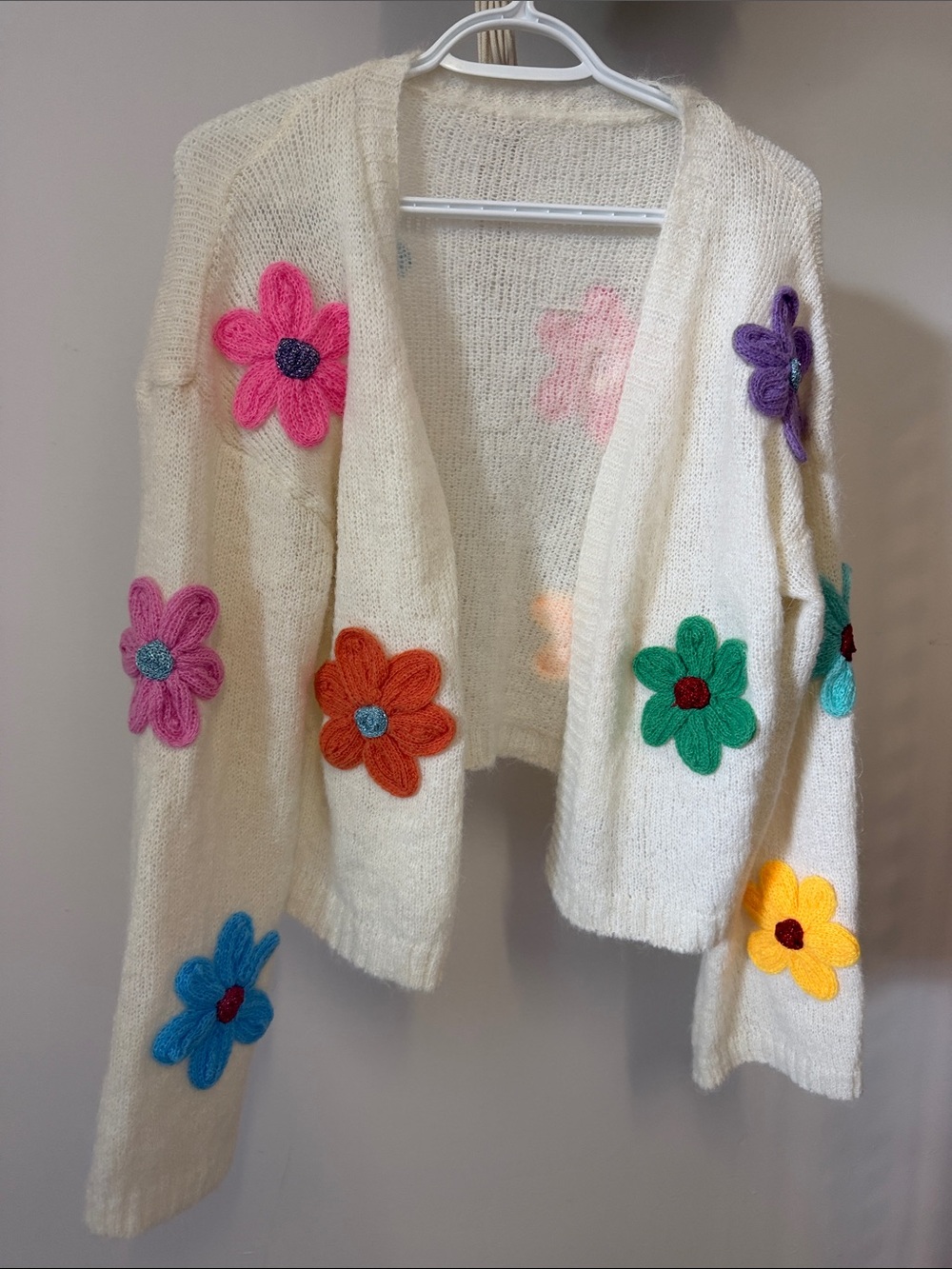 Cream Cardigan with Multi-Color Crochet Flowers